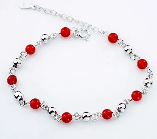 Elegant Sterling Silver Bracelet with Red Agate Charms