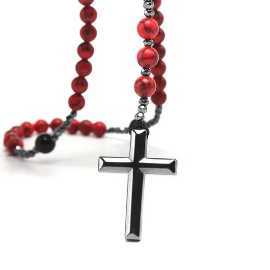 8mm Natural Stone Red Turquoise Black Onyx Men′s Cross Pendant Rosary Necklace