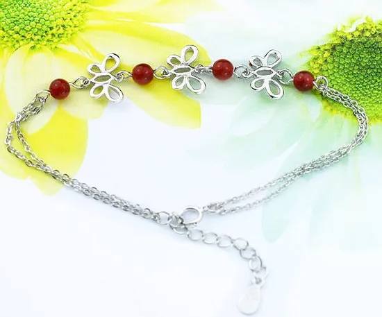 Elegant Sterling Silver Butterfly Charm Bracelet with Red Agate