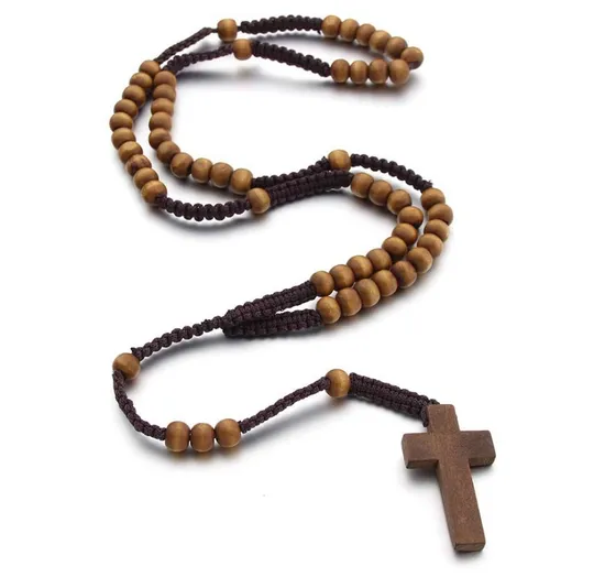 Wholesale Cheap Handmade Wooden Rosary Cross Christian Catholic Rosary Chain Necklace