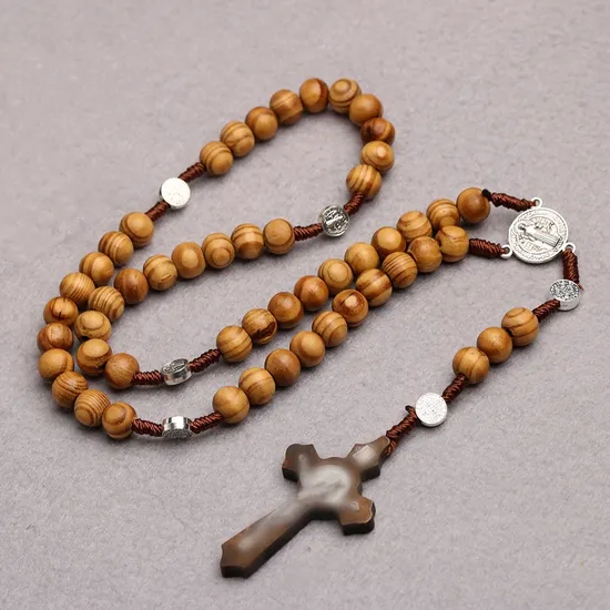 Natural Wooden Bead Rosary Prayer Bead Cross Prayer Bead Necklace Handmade Weaving Rosary 