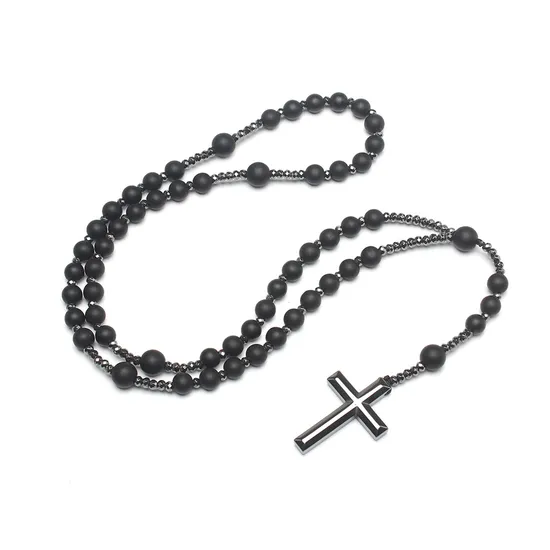 Semi Precious Stone Islamic 99 Prayer Bead Misbaha Arabic Fashion Accessories on Hand Black Gallstone Cross Bead Men′s Necklace Rosary Beads 