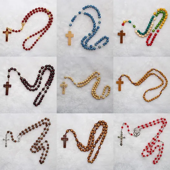 Rosaries Religious Catholic Wood Beads Virgin Mary Charm Cross Handmade Jesus Pendant Rosary Jewelry Wholesale 