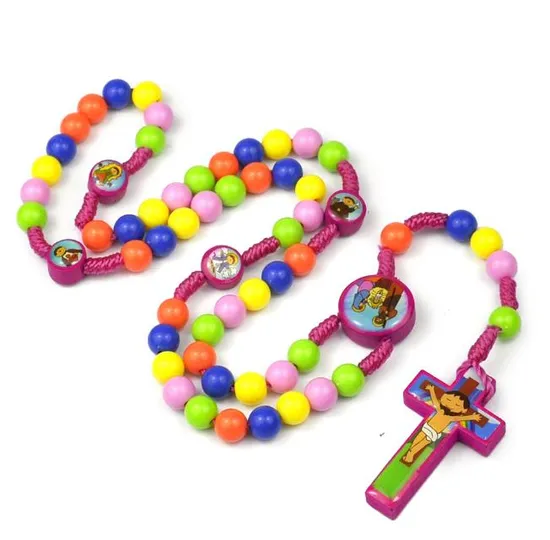 Color Beaded Cartoon Necklace Handmade Prayer Baptism Jewelry Children′s Cross Rosary 